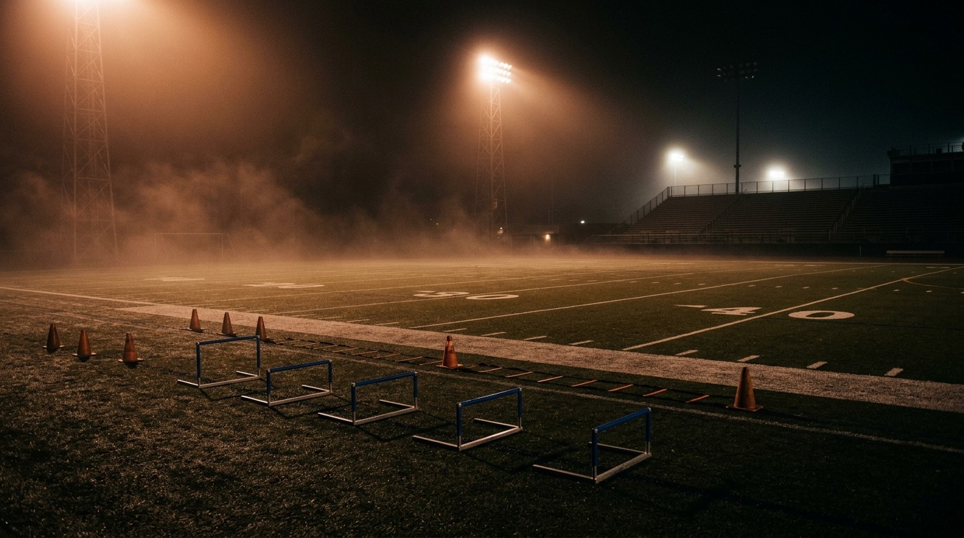 Cones and low hurdles set up for sprint and jump work on a floodlit turf field at night. How to structure sprint training and vertical jump work in one week, at 1st & Goal Athletics in Ocean Township, NJ.