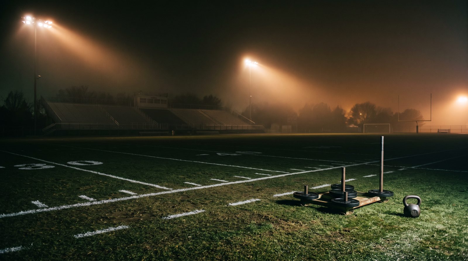 Night football field under floodlights with chalked yard lines, a weighted sled and a kettlebell on the turf, the setting for core strength training for field athletes