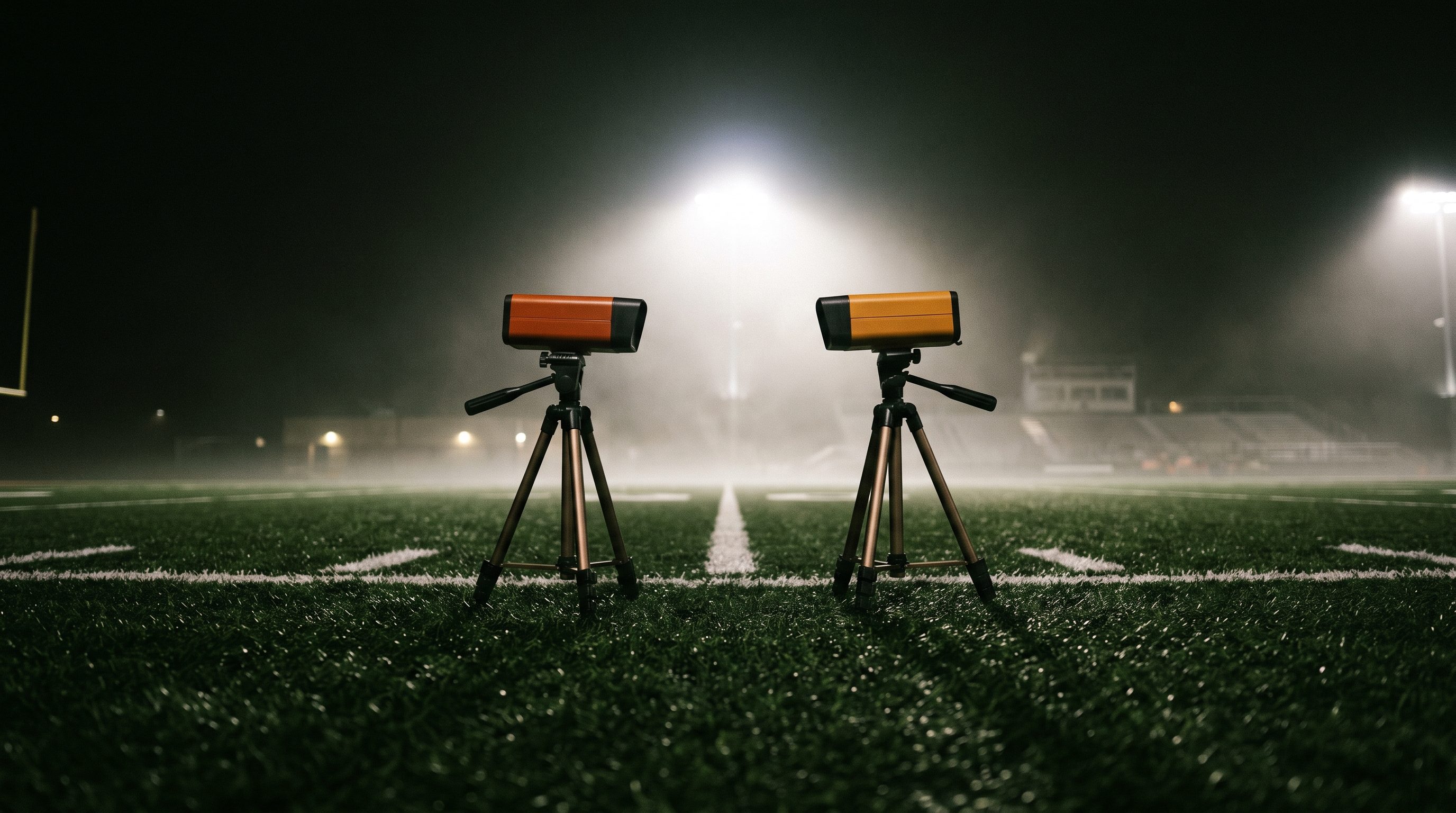 Wireless electronic timing gates on tripods across chalk yard lines on a synthetic turf field at night under stadium floodlights and haze, athlete speed retesting in Ocean Township NJ