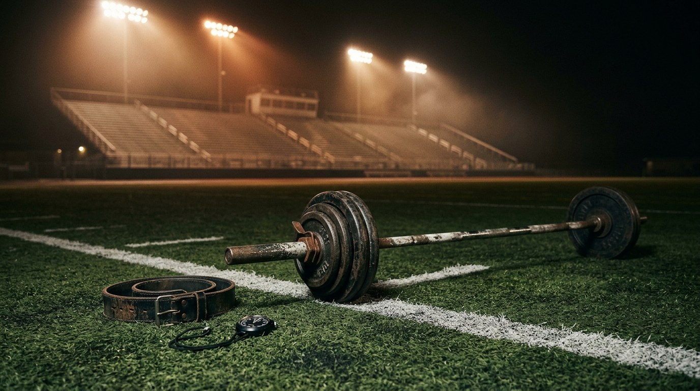 A loaded barbell and a chalked yard line on floodlit turf at night, in-season training for high school football at 1st & Goal Athletics in Ocean Township, NJ