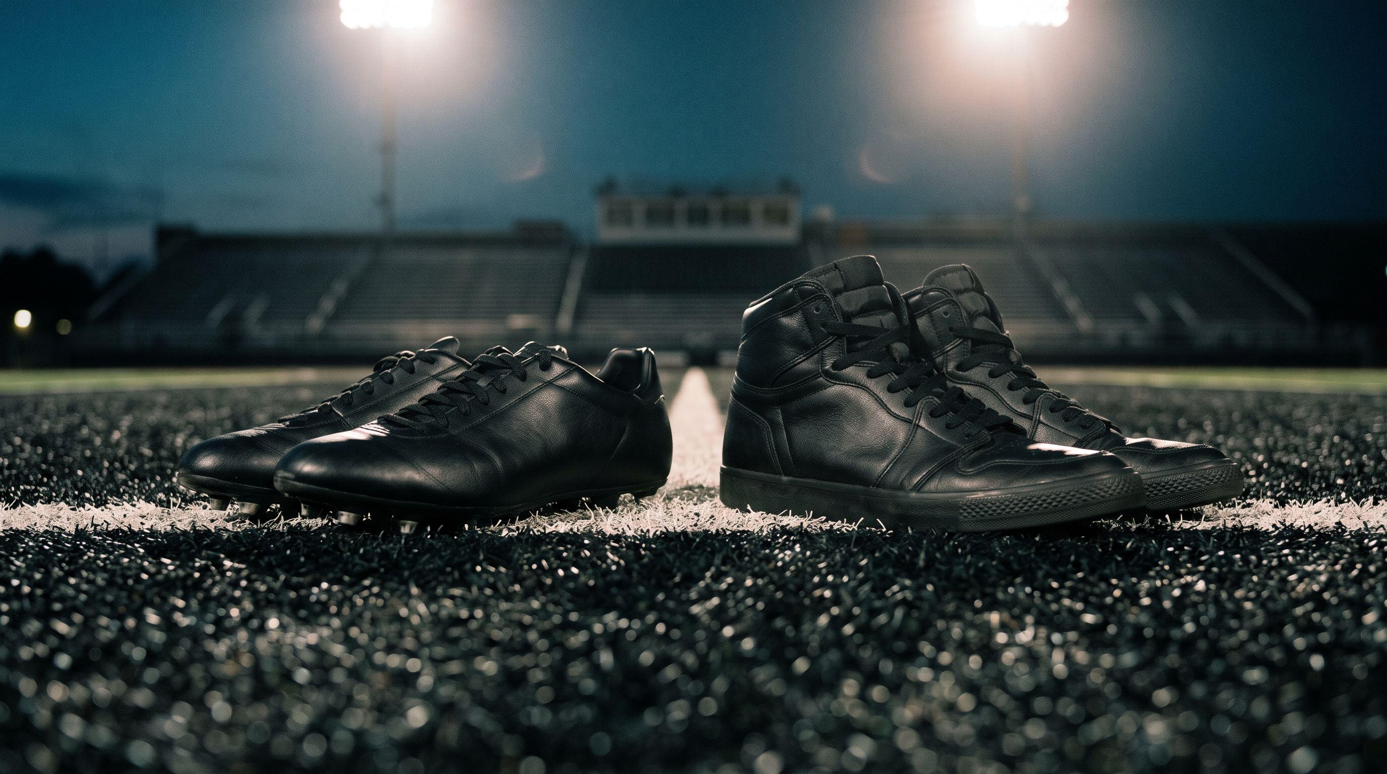 Football cleats and basketball sneakers side by side on a chalked yard line under stadium floodlights at night, the fall to winter overlap for a multi sport athlete training in Ocean Township NJ