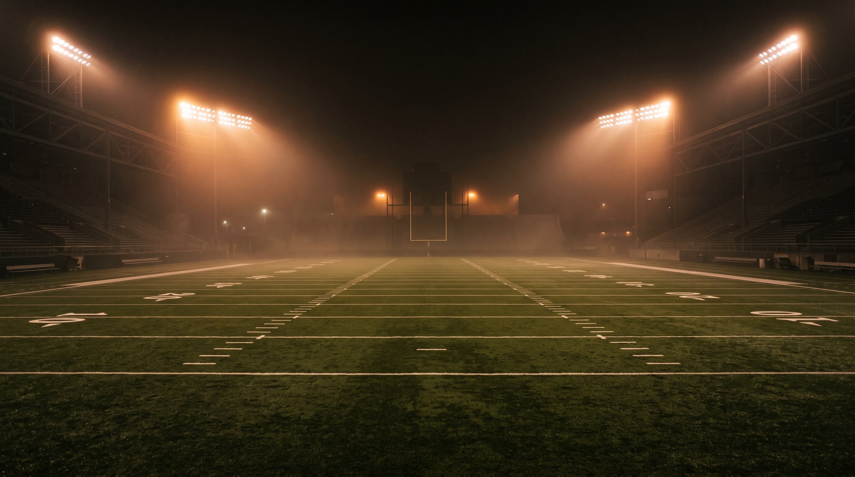 A high school athlete accelerating under night lights on a football field — measuring speed benchmarks for high school athletes at 1st & Goal Athletics in Ocean Township, NJ.