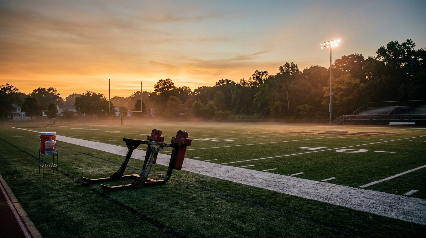 Ocean Township football field at 6:15 AM in mid-July — the cool window for training in summer heat on the Jersey Shore.