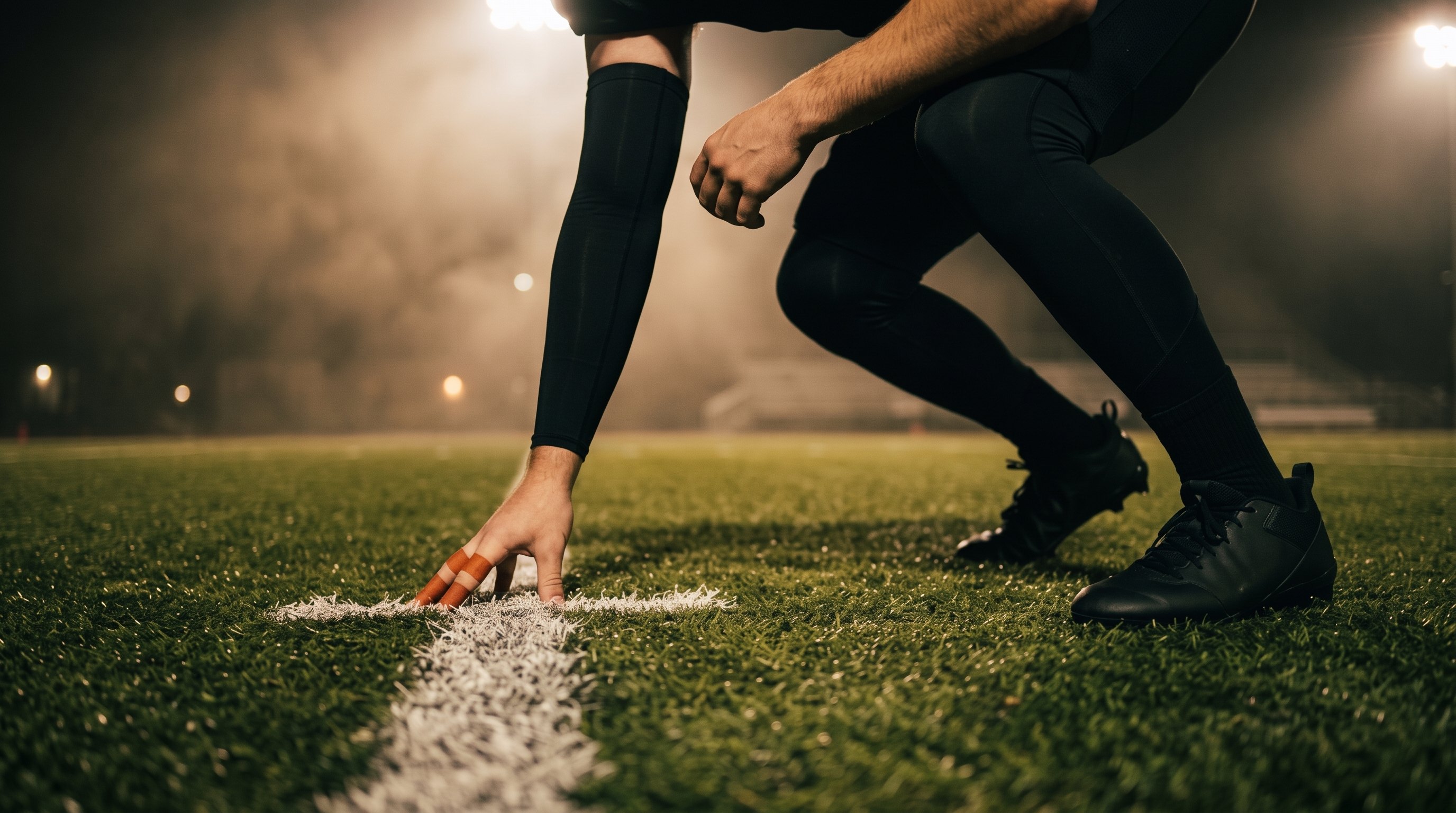 A football player's taped hand set at a chalk start line on floodlit turf in a three-point stance, the two-point vs three-point sprint start question coached at 1st & Goal Athletics in Ocean Township, NJ