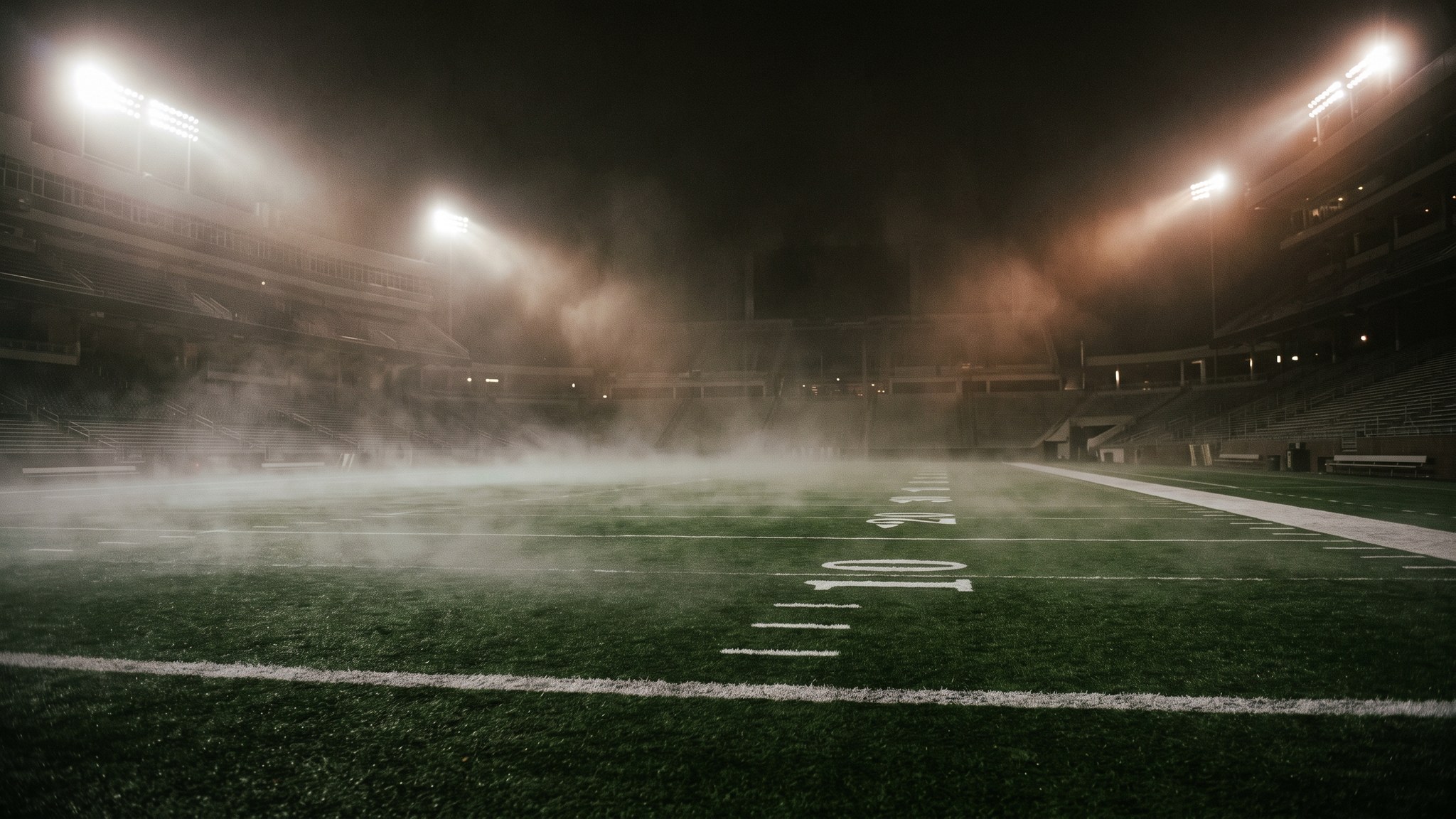 Cold vapour drifting low across a floodlit football field at night, the recovery side of training for student athletes in Ocean Township NJ