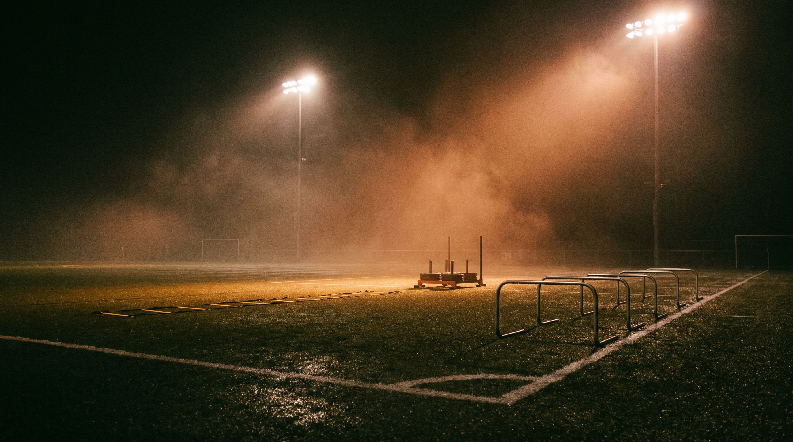 A weighted sled, agility ladder, and hurdles set up on a floodlit turf field at night. What is sports performance training, coached at 1st & Goal Athletics in Ocean Township, NJ.