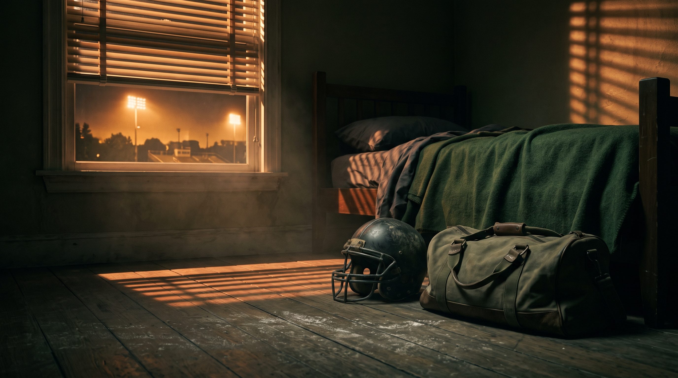 A football helmet and duffel bag on the floor of a darkened bedroom at night, stadium floodlights throwing amber light through the blinds, youth athlete sleep and recovery in Ocean Township NJ